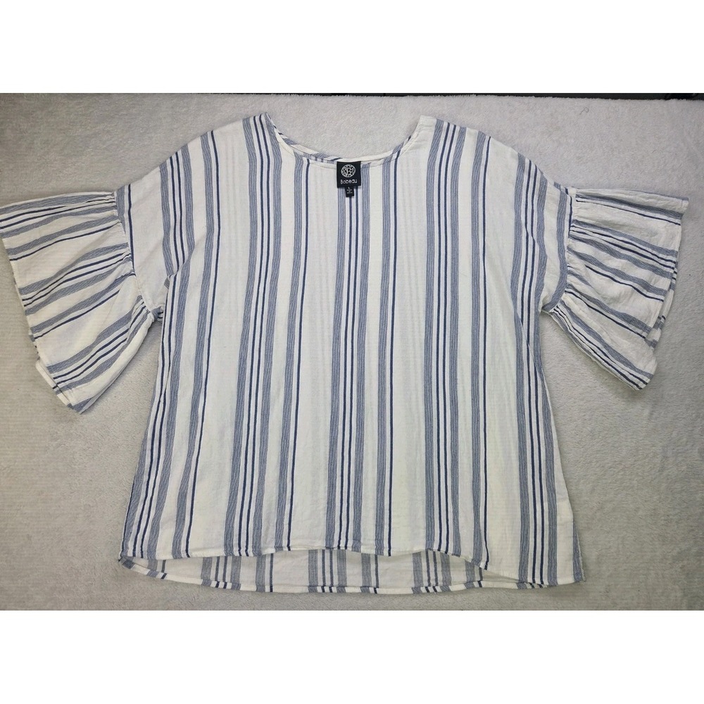 Bobeau Blue White Stripe Bell Sleeve Top Women's Large 100% Cotton Boho